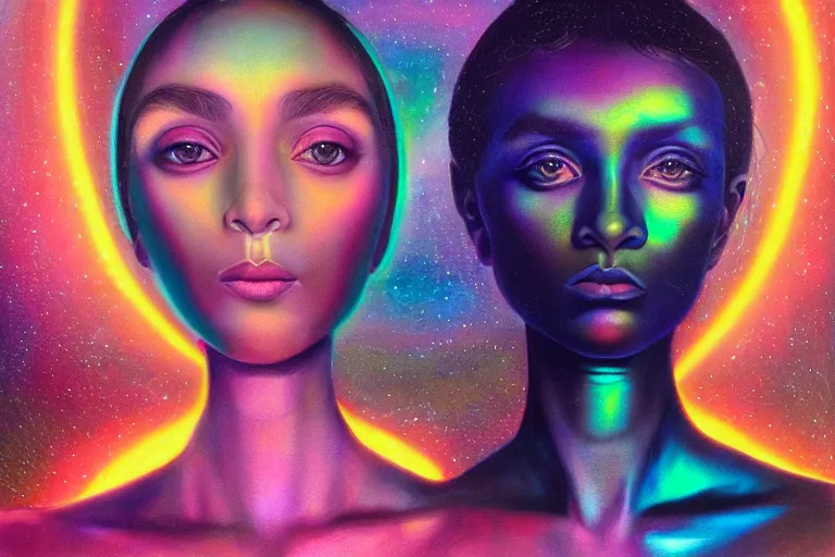 Image similar to patron saint of 🛸🌈👩🏾, futuristic iridescent clothing, wormhole, nebula, black hole, multiverse, neon god of city character portrait, in the style of margaret keane, moebius, tom bagshaw, and waterhouse, cinematic lighting, beautiful, elegant, oil painting,