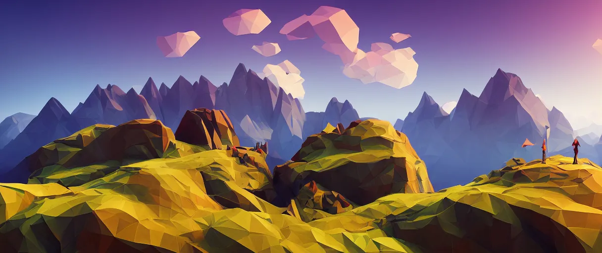 Image similar to 3 d render, mountain landscape, digital art, low poly art, minimalist, journey game, lowpoly landscape, intricate detail, whimsical, unreal engine, dreamy, brush strokes, bounce light, sunny, complementary palette, redsinski