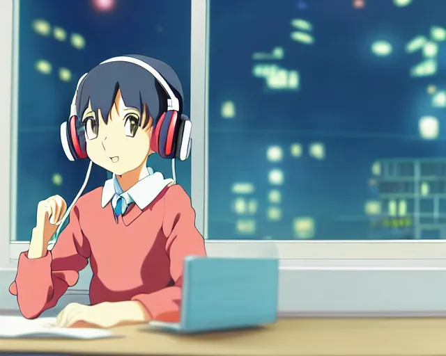 Image similar to anime fine details portrait of joyful school girl in headphones studying near monitor in her room at the table, evening, lamp, lo-fi, open window, dark city landscape on the background deep bokeh, profile close-up view, anime masterpiece by Studio Ghibli. 8k, sharp high quality anime