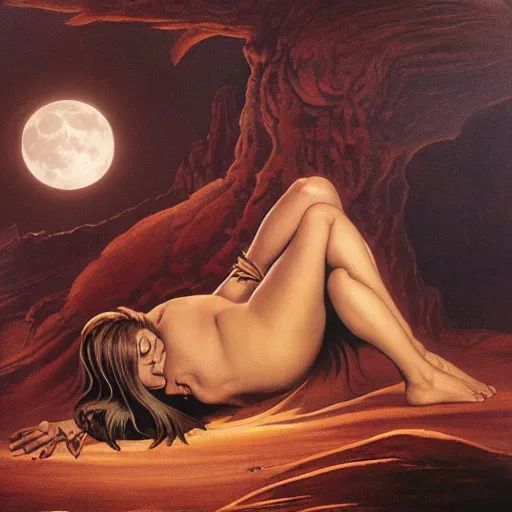 Image similar to sleep of wise old beautiful woman face Desert Spirit, under unresolved evil moon illusion, in the style of Frank Frazetta, Jeff Easley, Caravaggio, extremely clear and coherent, clear lines, 8K resolution, epic masterpiece, detailed, intricate