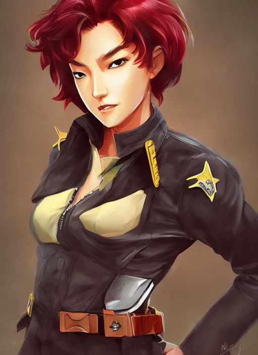 Image similar to full size persona, female sheriff, detail, ultra sharpness, beautiful female, detailed face, art by huyy nguyen, style by cain kuga, cowboy bebop art style