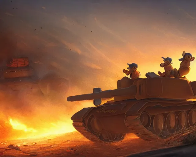 Prompt: defiant winnie the pooh sitting down on road blocking chinese tanks, soldiers approaching, award winning photography, extremely detailed, artstation, 8 k, dramatic lighting, incredible art, wlop, artgerm