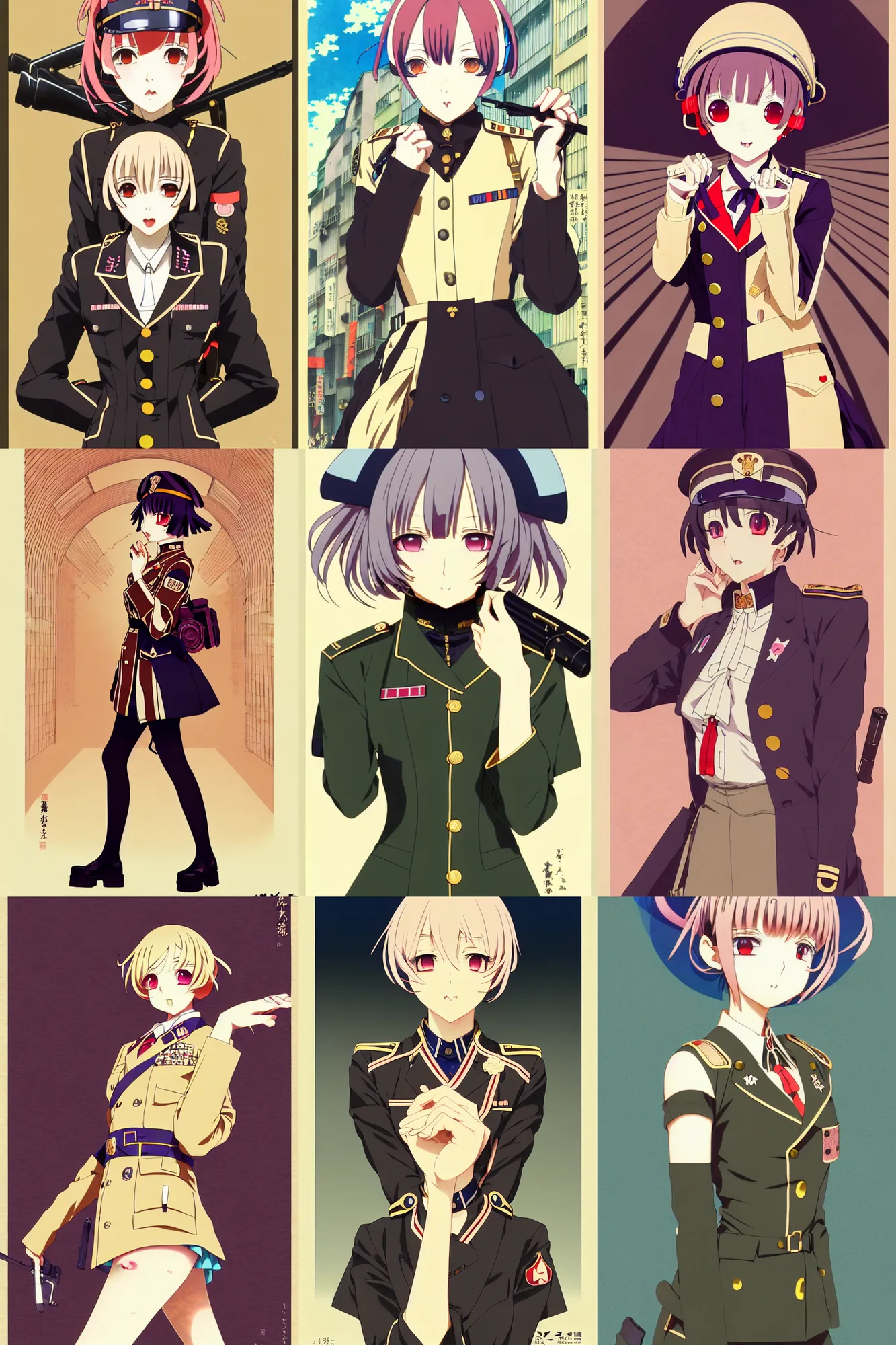 Prompt: anime visual, portrait of women like reol from a distance wearing a retro military uniform marching down the street in shibuya at night, cute face by yoh yoshinari, alphonse mucha, dynamic perspective pose, rounded eyes, moody, psycho pass, kyoani, gustav klimt, cel shade, ilya kuvshinov