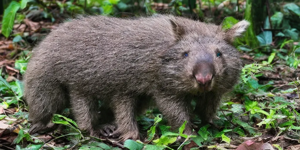 Image similar to a mythical wambot creature, half wombat and half robot, cute, lethal, forest dweller