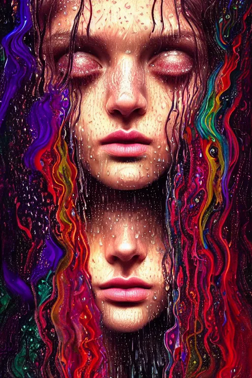 Prompt: portrait of a girl in psychedelic LSD rain with wet hair and face, surreal, fantasy, intricate, elegant, dramatic lighting, emotionally evoking symbolic metaphor, highly detailed, lifelike, photorealistic, digital painting, artstation, concept art, smooth, sharp focus, illustration, art by John Collier and Albert Aublet and Krenz Cushart and Artem Demura and Alphonse Mucha