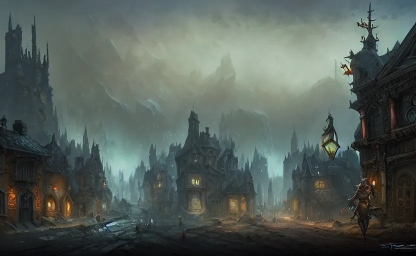 Prompt: extreme long shot concept art depicted old english majestic town, dramatic mood, overcast mood, dark fantasy environment, dieselpunk, art by legends of runeterra and league of legends and arcane, art by tony sart, trending on artstation, unreal engine, golden ratio, spectacular composition
