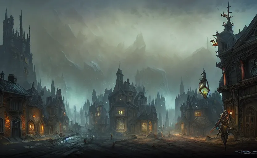 Image similar to extreme long shot concept art depicted old english majestic town, dramatic mood, overcast mood, dark fantasy environment, dieselpunk, art by legends of runeterra and league of legends and arcane, art by tony sart, trending on artstation, unreal engine, golden ratio, spectacular composition