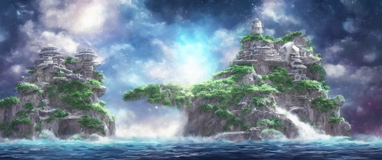 Image similar to a small crumbling island in space with waterfalls, studio ghibli, digital art, detailed, depth of field