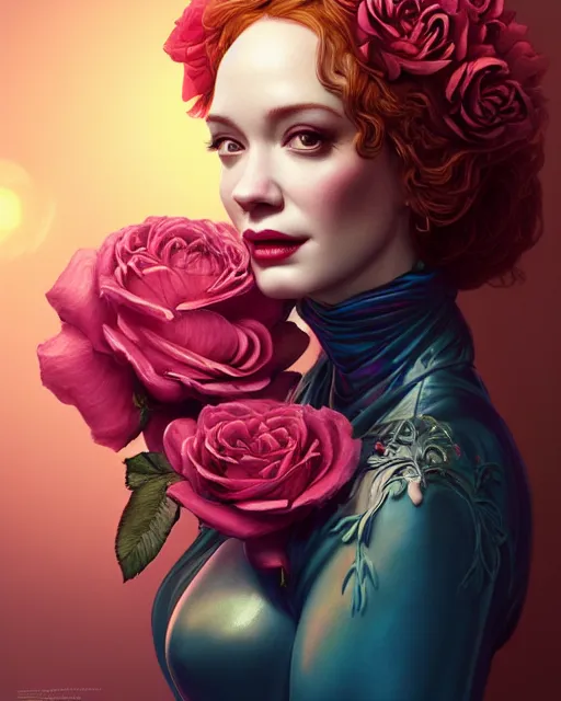 Prompt: portrait of christina hendricks with roses, baroque, roses, intricate abstract upper body intricate artwork, by tooth wu, wlop, beeple, dan mumford. concept art, octane render, deviantart, greg rutkowski, cinematic arthouse, key art, hyper realism, iridescent accents