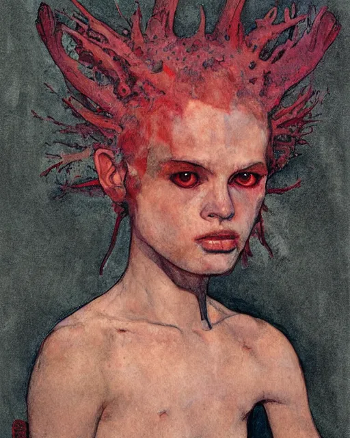 Prompt: portrait of an axolotl by greg rutkowski in the style of egon schiele