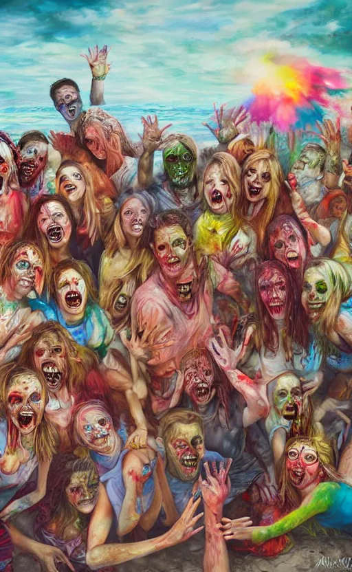 Prompt: beautiful detailed photorealistic painting of a group of friends dressed as zombies on a beach having fun. the friends are happy and having fun. vibrant, high quality, vibrant colors, very funny, beautiful, hq. hd. 4 k. award winning. trending on artstation