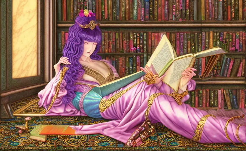 Image similar to a detailed fantasy pastel portrait of a woman wizard in ornate clothing lounging on a purpur pillow on the marble floor in front of her bookcase in a room, reading an ancient tome. to the side is a potted plant. ancient retrofuturistic setting. 4 k key art. raytracing, by chie yoshii and yoshitaka amano.