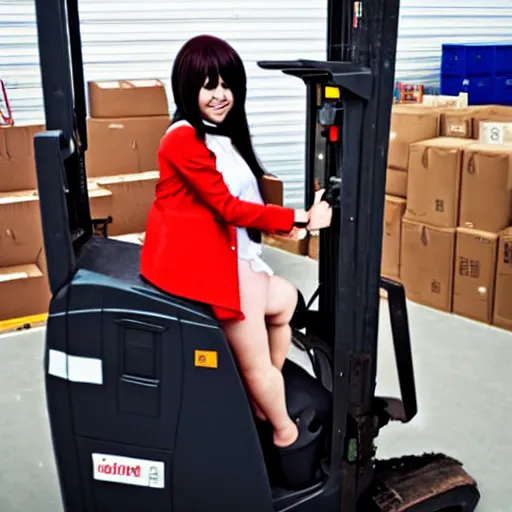 Image similar to a person cosplaying homura akemi operating a forklift