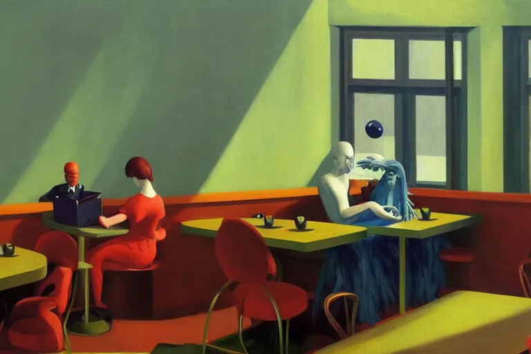 Prompt: hideous terrifying ghastly foul cronenberg monsters relaxing at a cafe. ( a waiter is pouring coffee. one monster is reading a newspaper. painting by edward hopper, 3 d rendering by beeple, 8 k, comfy wretched mutants )