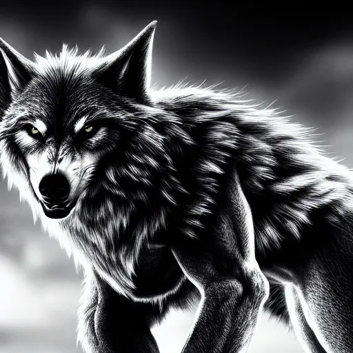 Image similar to old black and white photo of a werewolf, highly detailed, 4 k, upscaled