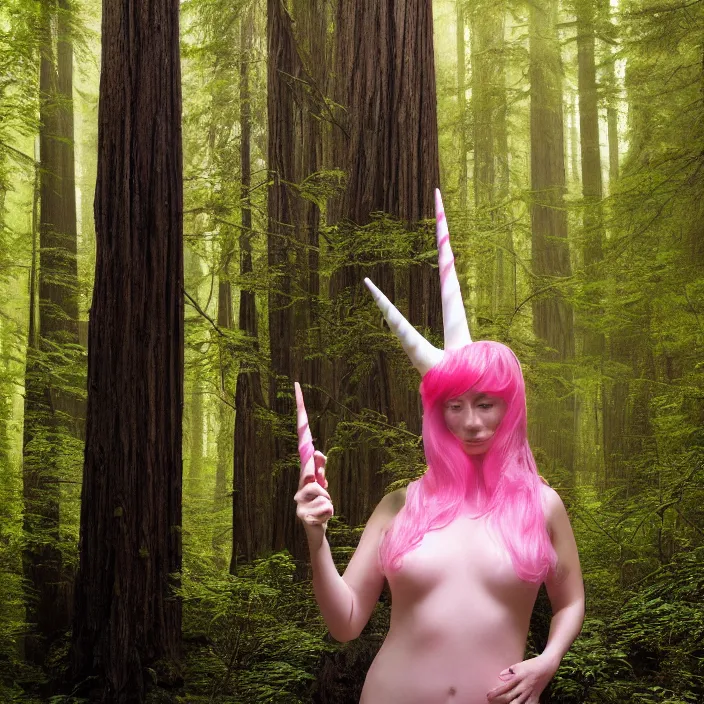 Prompt: a color photograph, closeup portrait of a woman wrapped in plastic, holding a unicorn horn, in a foggy redwood forest, color photograph, by vincent desiderio, canon eos c 3 0 0, ƒ 1. 8, 3 5 mm, 8 k, medium - format print