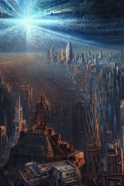 Image similar to hyperrealistic mixed media painting of a stunning giant gigachad, towering over a helpless city, despair, stunning 3d render inspired art by P. Craig Russell and Barry Windsor-Smith + perfect facial symmetry + dim volumetric lighting, 8k octane beautifully detailed render, post-processing, extremely hyperdetailed, intricate, epic composition, grim yet sparkling atmosphere, cinematic lighting + masterpiece, trending on artstation, very very detailed, masterpiece, stunning