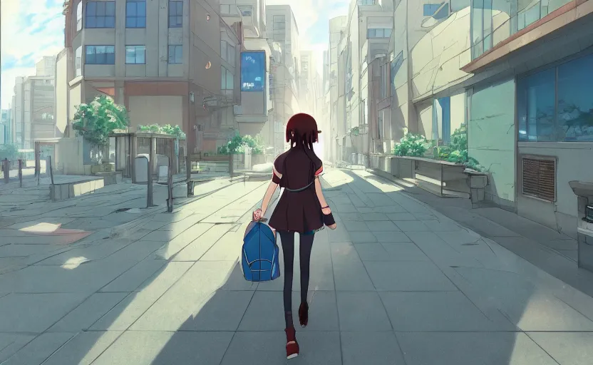 Prompt: An anime girl in a school uniform, walking through a modern city, anime scenery by Makoto Shinkai, digital art