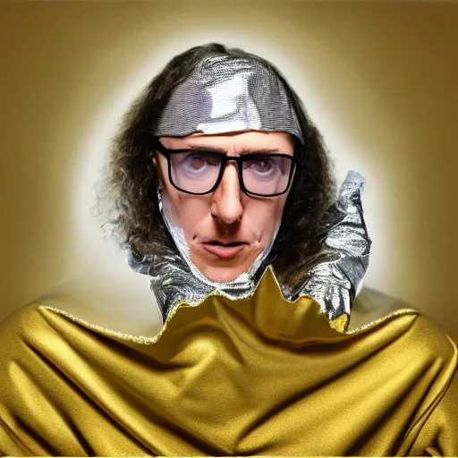 Prompt: weird al yankovic wrapped in foil, digital photography, highly detailed, portrait