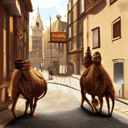 Image similar to A cute mouse riding a camel through a narrow street London, digital art, trending on Artstation