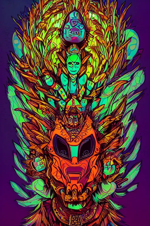 Image similar to totem animal tribal chaman vodoo mask feather gemstone plant wood rock video game illustration vivid color borderlands by josan gonzales and dan mumford radiating a glowing aura