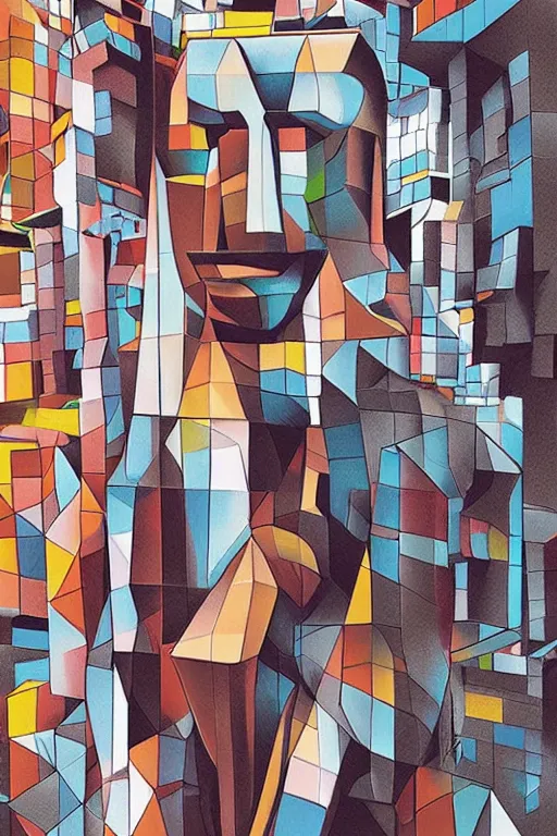 Image similar to cubist moai statue cutout digital illustration cartoon colorful beeple