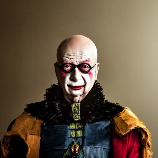 Prompt: UHD candid color photo of Klaus Schwab dressed as dystopian emperor, wearing accurate clown makeup, accurate face, UHD, photorealistic, correct face, photo by Annie Leibowitz