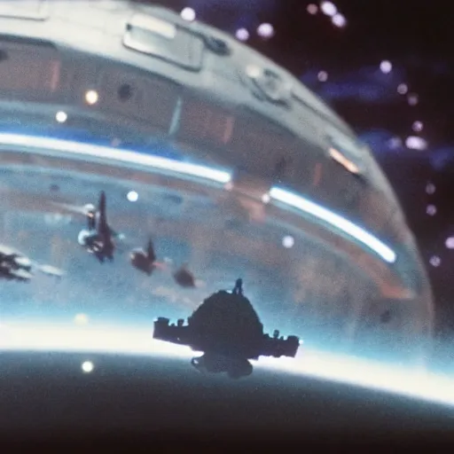 Image similar to a still from a film of a live action sci-fi battle far off in the distance taking place over a giant space structure, 35mm, directed by Steven Spielberg, miniatures, ILM, very cohesive