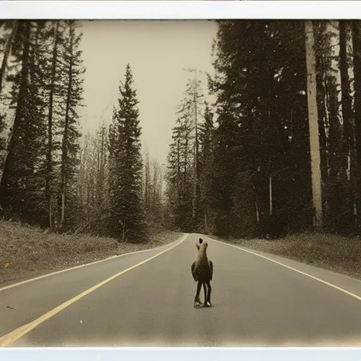 Prompt: a polaroid of Sasquatch crossing a road