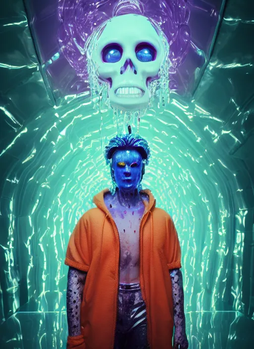 Image similar to photo of fullbodied baroque and bladerunner neon drippy tar sculpture of seductive ceramic albino ceramic prince anwar hadid dotado lavendar iridescent humanoid deity wearing orange plastic fluffy hoody holding diamond skull in a blue alien dungeon, reclining, glowing rainbow face, crown of white diamonds, cinematic lighting, photorealistic, octane render 8 k depth of field 3 d