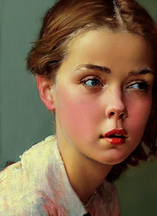 Image similar to high quality high detail painting by norman rockwell, hd, close up portrait, pretty young woman, muted pastel colors, photorealistic lighting