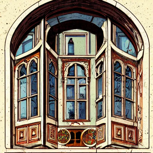 Image similar to digital illustration of a beautiful window open front view, aesthetic, achenbach, andreas, angelico, fra, bellotto, bernardo, ornate, russian style, colorful architectural drawing, behance contest winner, vintage frame window