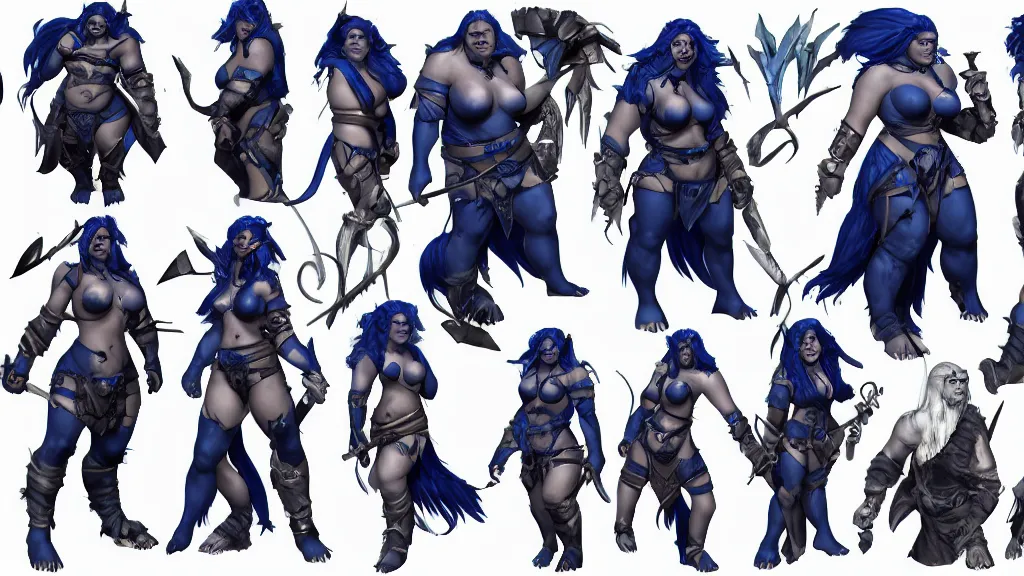 Image similar to a fantasy dark blue haired female barbarian orc character design sheet, trending on artstation