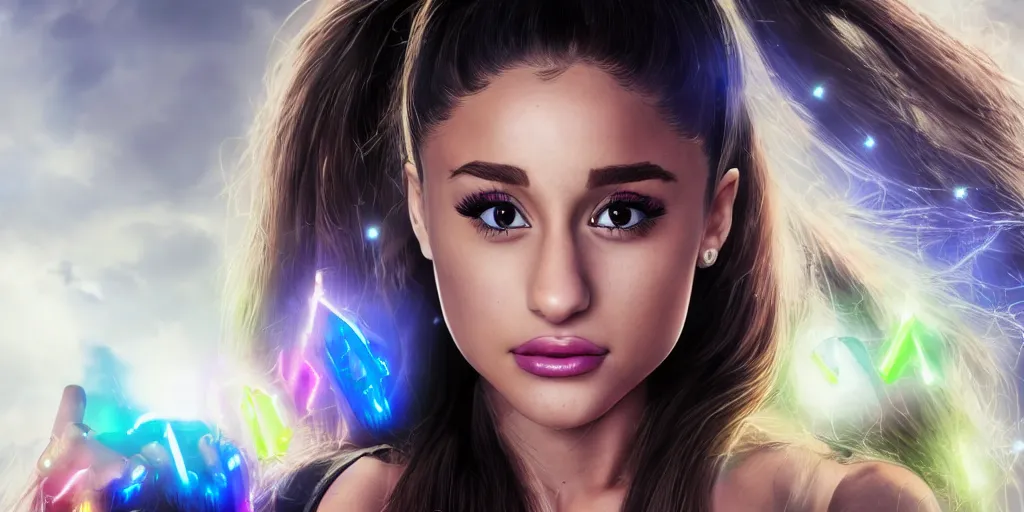 Prompt: a photo realistic portrait Ariana Grande with the infinity stones as a hero in the style of a realistic, made by Waya Steurbaut YT, cinematic, epic, dark, colourful, inspiring, close body camera shot, detailed 1000K