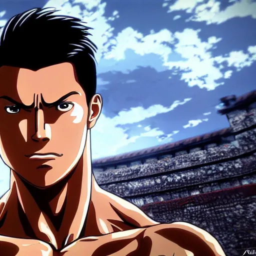 Prompt: cristiano ronaldo on attack on titan, anime series, 8 k resolution, official screenshot