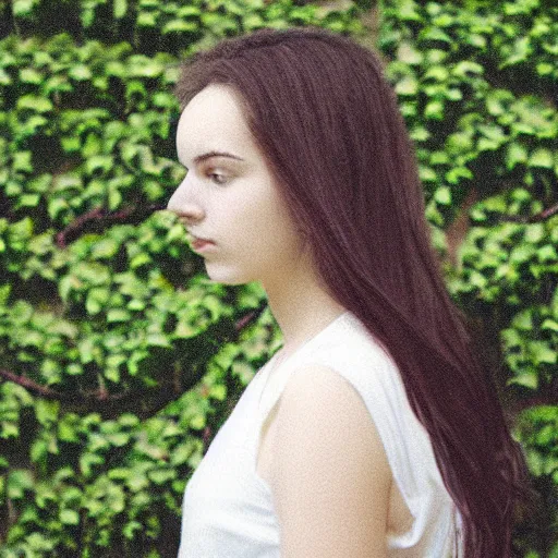 Image similar to “side profile of young woman with her eyes covered by vines”