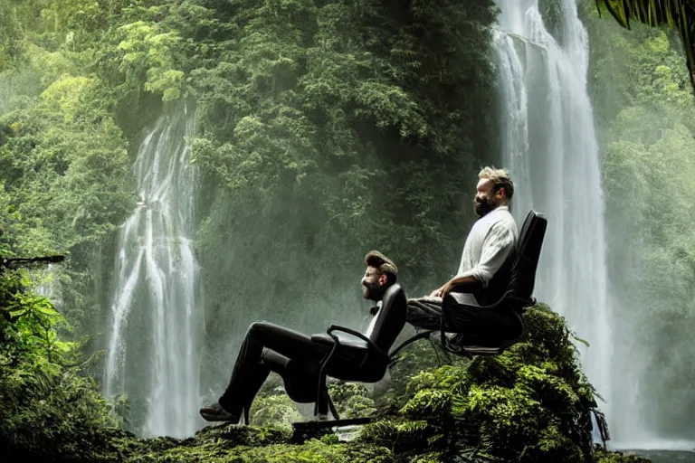 Image similar to movie closeup young man with a grey beard in a cyberpunk suit sitting on a futuristic chair at the edge of a jungle waterfall by emmanuel lubezki