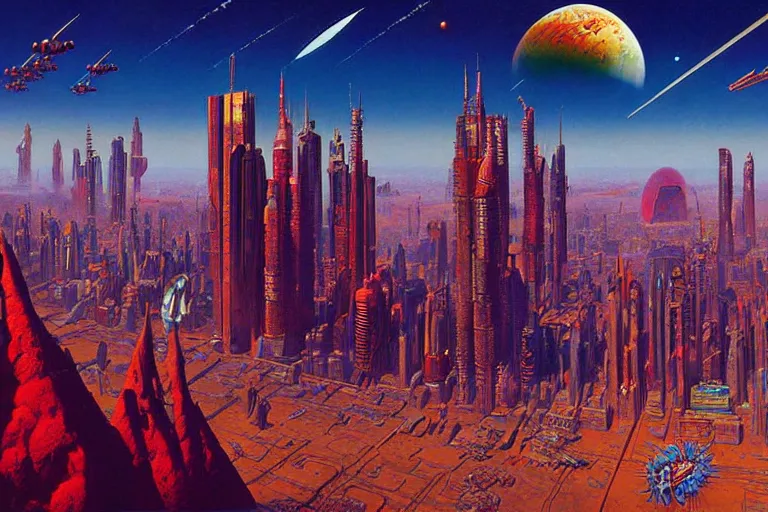 Prompt: cloisonnism wide angle painting of megacity 1 from judge dredd megacity 1 from judge dredd in no mans sky no mans sky | masterpiece greg staples, syd - mead, moebius, bekskinski