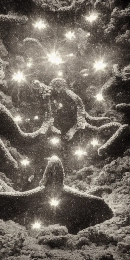 Image similar to light coming out of one starfish - like kaiju anthropomorphic monster, korean film noir by kim jong - il, korean traditional palace, pyongyang city, 1 9 6 0 s, red color bleed, 4 k, video compression, video glitch, monochrome, akira kurosawa, mamoru oshii, wes anderson, stanley kubrick