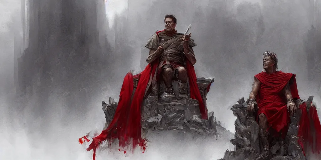 Prompt: the end is near. a tired julius caesar is sitting on his throne. face is highly detailed. splices of red are running down his toga. mist. color scheme red. low angle medium shot. imagined by greg rutkowski and andreas rocha