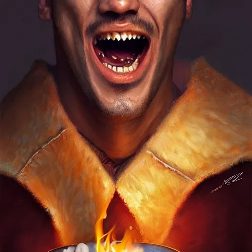 Prompt: Luis Suarez with vampire teeth eating BBQ ribs, closeup, D&D, fantasy, intricate, elegant, highly detailed, digital painting, artstation, concept art, matte, sharp focus, illustration, art by Artgerm and Greg Rutkowski and Alphonse Mucha