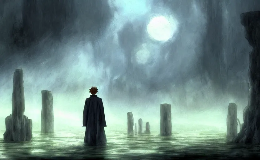 Image similar to a realistic and atmospheric cell - shaded concept art from howl's moving castle ( 2 0 0 4 ) of a grey monk standing in a futurist sci - fi city that looks like stonehenge in a flooded rainforest. it is a misty starry night. very dull muted colors, hd, 4 k, hq