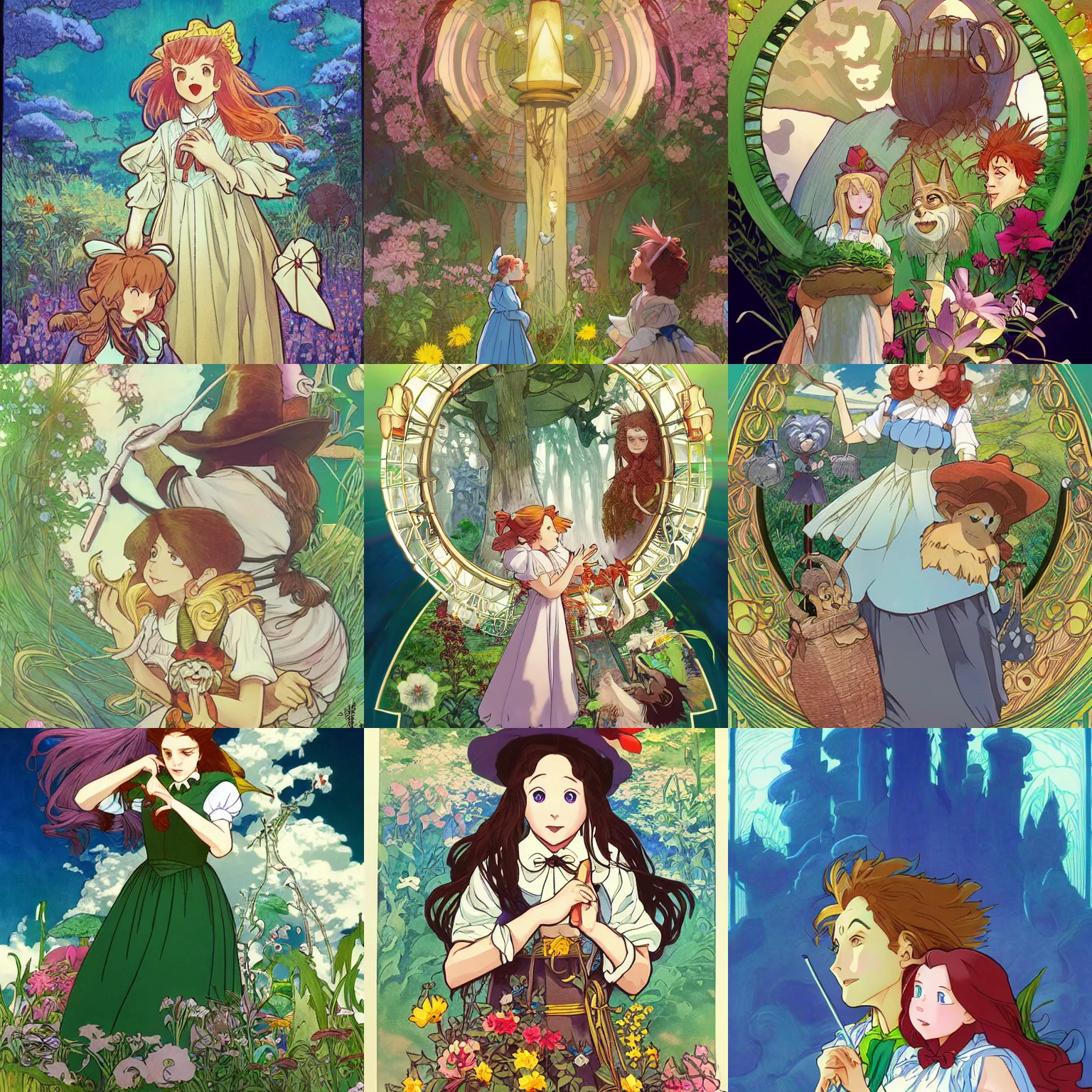 Prompt: The Wonderful Wizard of Oz/Alice's Adventures in Wonderland crossover, fantasy, highly detailed, artstation, digital illustration, concept art, by Kyoto Animation and Studio Ghibli, by Hidari and Alphonse Mucha