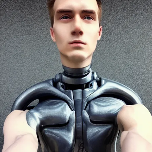 Image similar to “a realistic detailed photo of a guy who is an attractive humanoid who is half robot and half humanoid, who is a male android, twitch streamer and youtuber Ludwig Ahgren, shiny skin, posing like a statue, blank stare”