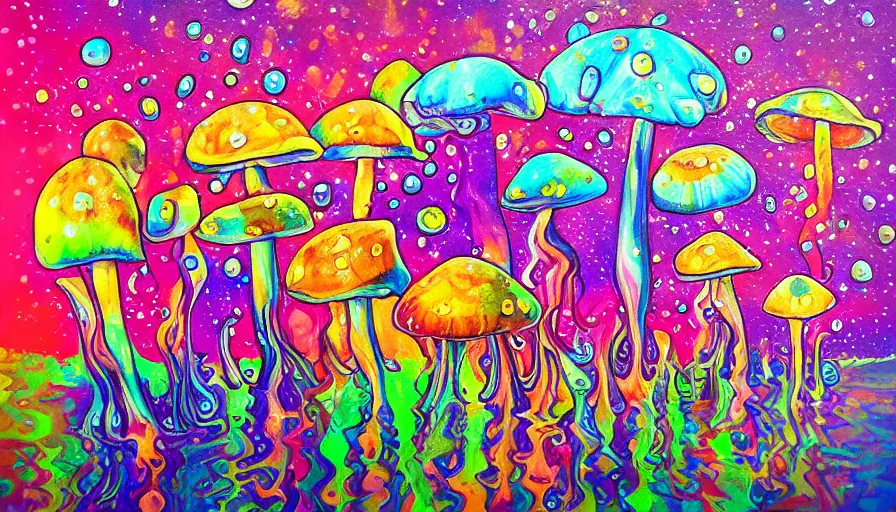 Image similar to trippy mushrooms, sweet dreams, painting on canvas, watedrops, water droplets, acrylic painting, acrylic pouring, painting, influencer, artstation - h 8 0 0