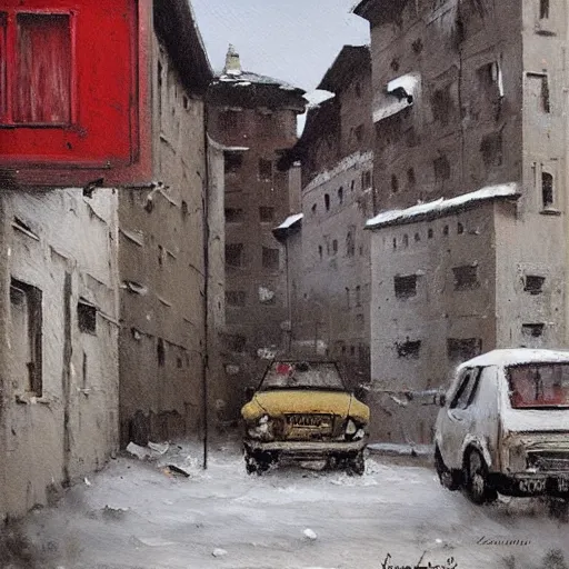 Prompt: painting of a post soviet town by jakub rozalski