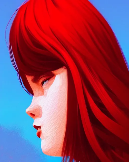 Image similar to a detailed portrait of a beautiful!!!! woman with red hair and freckles by ilya kuvshinov, digital art, dramatic lighting, dramatic angle