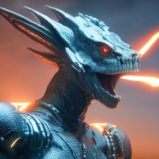 Image similar to a film still of a cyborg dragon from a marvel movie, octane render, 8 k, fire, sci fi, hyper detailed