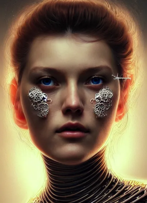 Image similar to a highly detailed photo of very intricate female face full - length portrait, futurism, rococo cyber tattoo lighting, detailed futuristic fibonacci jewelry, profile posing, hyper photorealistic, crispy quality, digital photography, trending in pinterest, cinematic, 4 k ultra hd, art by pascal blanche, art by greg rutkowski, art by artgerm,