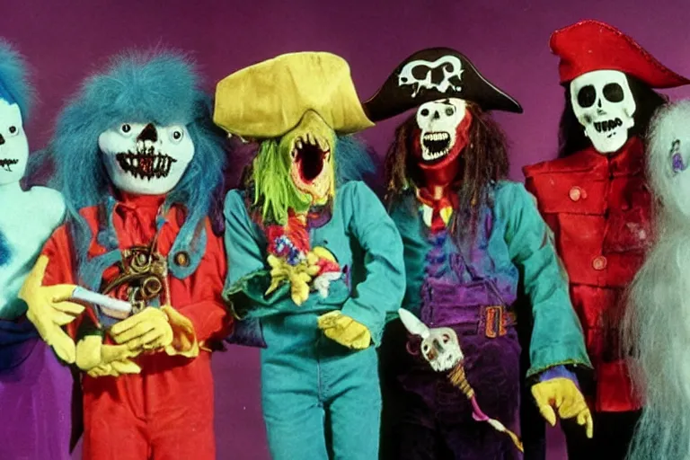 Prompt: a full color still from a weird live action 1 9 7 3 kids show about death, pirate puppets, fuzzy ghost, grunge, horror